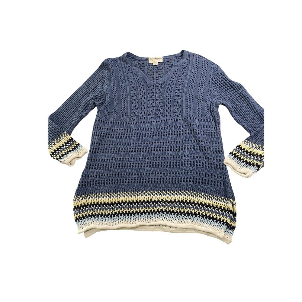 Norm Thompson Sweater Women's Sz Medium Blue Crochet LINEN 3/4 Sleeve Top V-neck